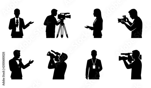 Tableau sur toile Journalist and news crew silhouettes, professional media reporter and cameraman
