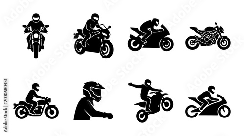 Cuadro en lienzo Motorcycle silhouette icons set, black motorbike rider vector graphics, sport bi
