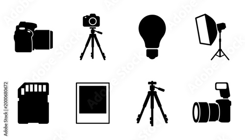 Φωτογραφία Photography equipment icon set, professional camera gear silhouettes, 8 digital