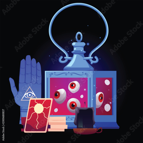 A blue magic lamp with red liquid and eyes, tarot cards, a candle, and a hand.