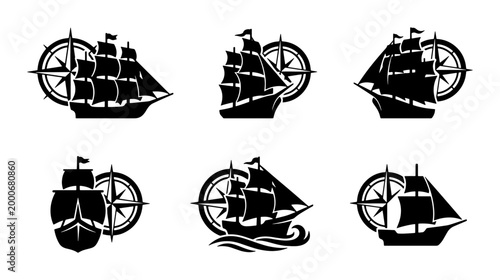 Tableau sur toile Vintage sailing ship silhouettes with nautical compass rose, set of 6 black mari