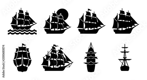 Konstfotografi Vintage sailing ship silhouettes, set of 8 nautical vessel icons, antique wooden