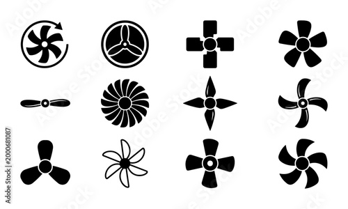 Foto Industrial propeller icon set, 12 black fan blade vector silhouettes, mechanical
