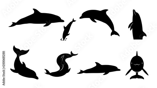Obraz na płótnie Dolphin silhouette vector collection, 8 black marine mammal icons, jumping and s