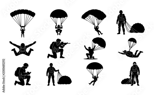 Bild auf Leinwand Military paratrooper silhouette collection, 12 skydiver vector icons, army soldi