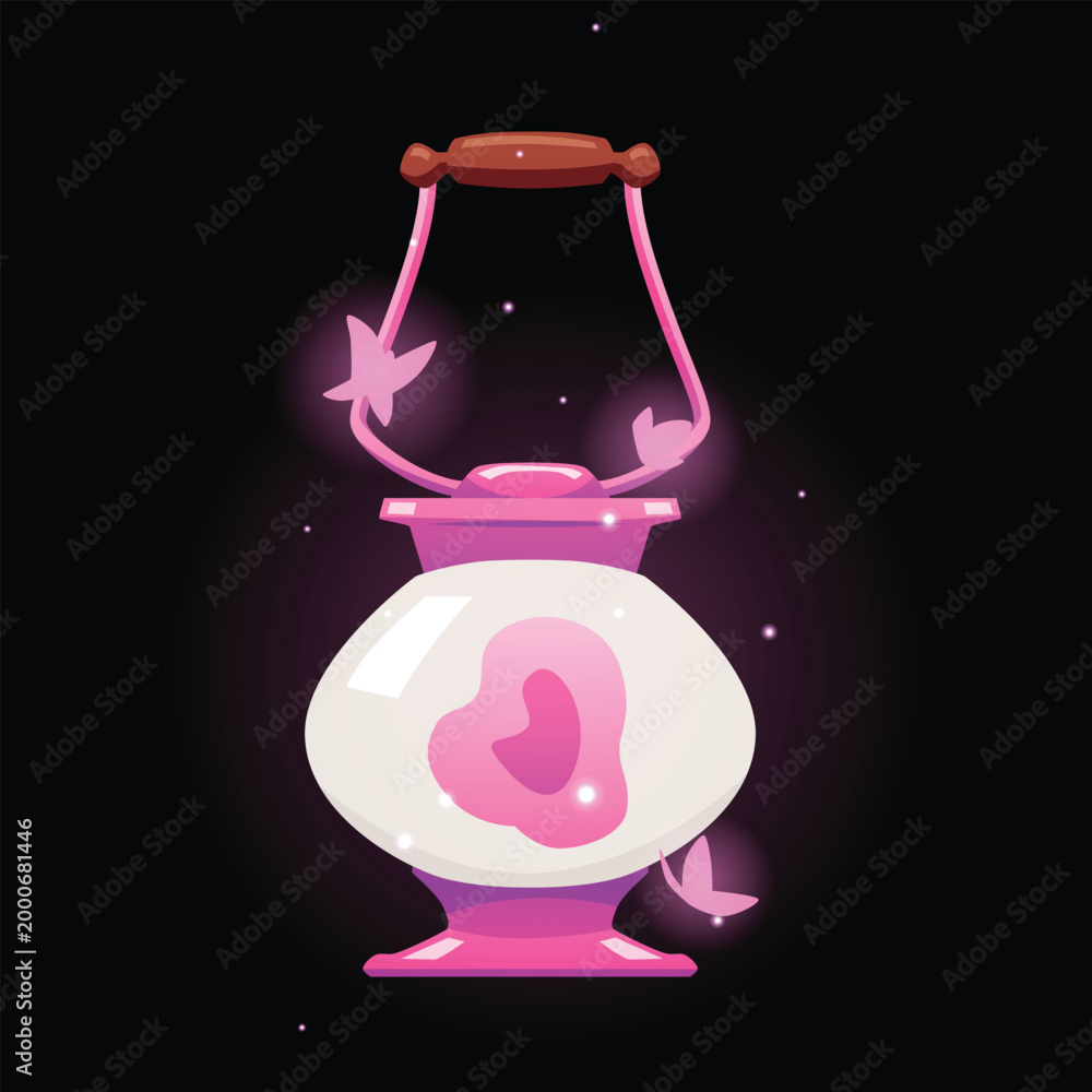 Fototapeta premium Vintage magic lantern with sparkles and butterflies glowing on dark background, vector fairytale pink round wizard lamp