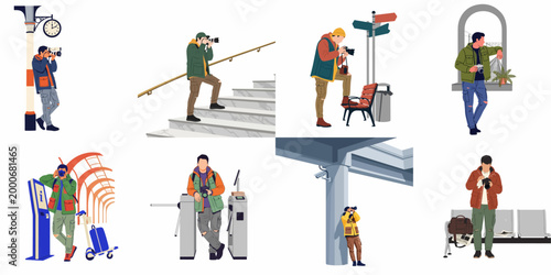 Flat illustration collection of a male photographer in various urban and transit settings, taking photos and posing with his camera.
