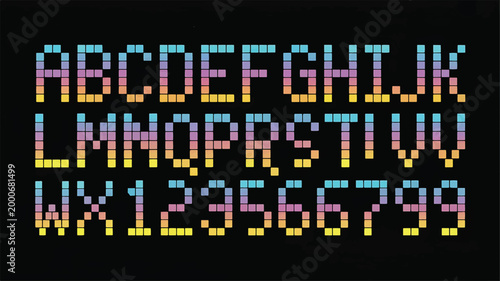 An alphabet and numeric set composed of small square pixels with a vertical color gradient transitioning from light blue at the to purple and warm yellow at the bottom, set on black background