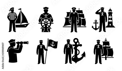 Tablou pe pânză Nautical sailor icons and maritime captain silhouettes, set of 8 black vector il