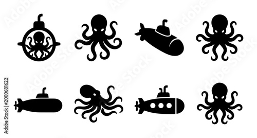 Schilderij op canvas Nautical octopus and submarine silhouette icons, set of 8 black sea creature and