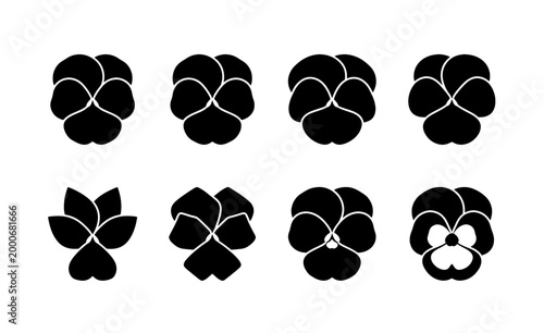 Obraz na płótnie Japanese floral crest icons, set of 8 black pansy flower silhouettes, traditiona