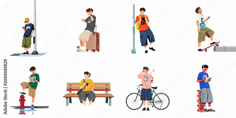 Fototapeta premium Collection of illustrations of teenage boys in casual outfits, listening to music, skateboarding, and using digital devices in various urban settings.