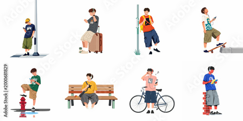 Collection of illustrations of teenage boys in casual outfits, listening to music, skateboarding, and using digital devices in various urban settings.
