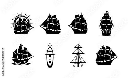 Canvastavla Vintage sailing ship silhouettes, nautical tall ship vector icons, set of 8 blac