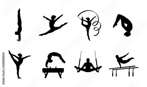 Konstfotografi Gymnastics silhouette icons set, rhythmic and artistic gymnast figures in action