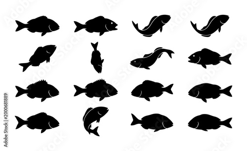 Quadro su tela Black fish silhouette collection, 16 sea bream and snapper icons, aquatic animal