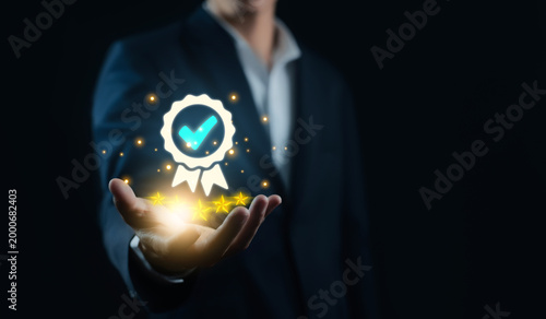 Business professional presenting ISO certification icon with digital checklist. symbolizing quality standards. audit process, compliance, corporate quality assurance systems, risk control