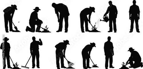 Garden workers planting, watering and cleaning plants silhouettes, agriculture and landscaping activities set with tools and human labor vector illustration
