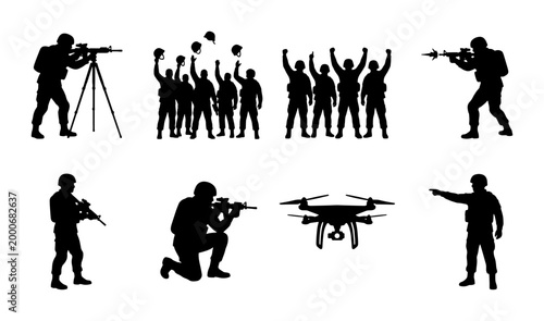 Tableau sur toile Military soldier silhouettes set, army infantry with weapons and tactical drone