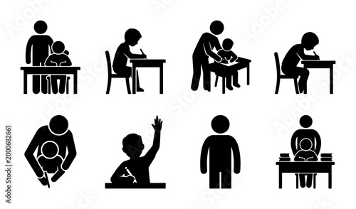 Photos Classroom education icons set, student and teacher stick figure silhouettes, sch
