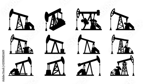 Canvastavla Industrial oil pump jack silhouettes, set of 12 petroleum extraction rig icons,