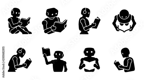 Artificial intelligence robot reading book icons, set of 8 black silhouette cyborg characters learning, machine learning and education concept vector