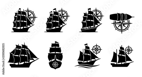 Tableau sur toile Vintage sailing ship silhouettes with nautical compass rose, set of 8 black mari