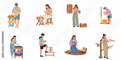 Young artisans in tie-dye outfits creating and selling handmade jewelry, showcasing DIY crafts, beaded accessories, and creative small business activities.