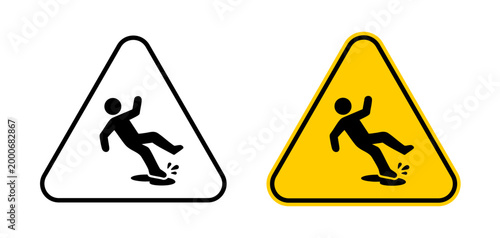 Slippery floor warning sign icon with falling person symbol. Wet floor hazard signage for workplace safety, accident prevention, caution area and risk awareness