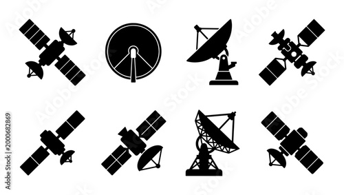 Foto Satellite and parabolic antenna icon set, black silhouette space communication v