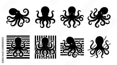 Bild auf Leinwand Black octopus silhouette icons set, 8 sea creature vector graphics, minimalist m