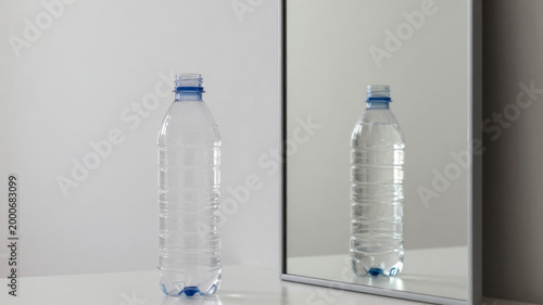 Plastic water bottle with mirrored reflection in clean neutral studio scene for beverage packaging hydration and product presentation concept