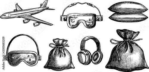 Engraved airplane travel accessories clipart sheet with neck pillow eye mask headphones and travel pouches for inflight amenity background and banner design