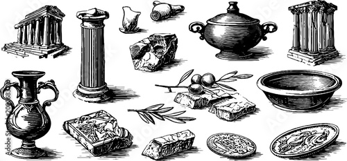 Vintage engraved clipart sheet of ancient bowls amphorae columns olives and broken coins for historical design background and cultural poster use