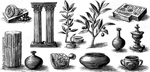 Vintage engraved clipart sheet of ancient coins pottery columns olive branches and vessels for historical design background and archaeological poster use