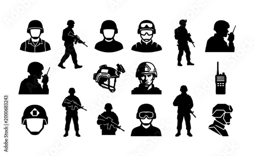 Bilde på lerret Military soldier silhouette icons set, tactical army infantry vector collection,