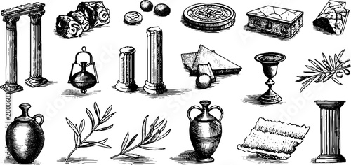 Vintage engraved clipart sheet of ancient coins columns amphora laurel and ceremonial vessels for historical design elements and background use