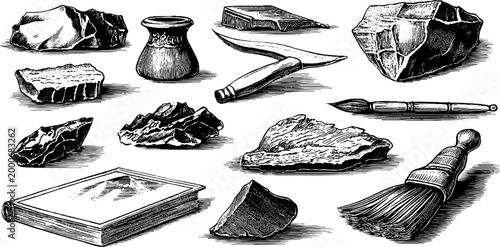 Vintage engraved clipart sheet of pottery shards fragments tools brush and book for archaeological design elements and restoration backgrounds
