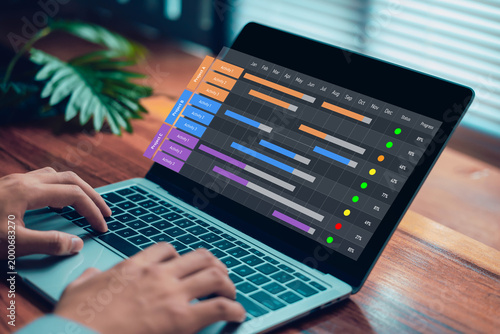 Vászonkép A businessman using a laptop with a digital project management dashboard