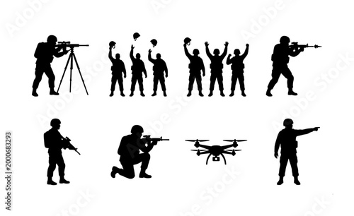Photos Military soldier silhouettes set, army infantry with weapons and tactical gear,