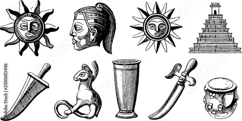 Vintage engraved aztec sun stone patterns ceremonial masks weapons and figurative elements sheet for cultural background and poster design