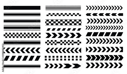 Black racing stripes with checkered pattern arrow designs, vector illustration set for racing themes, speed motion graphics, automotive decals, motorsport branding, and dynamic directional signage.

