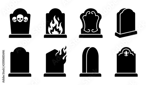 Quadro su tela Spooky Halloween gravestone icons set, black tombstone silhouettes with skulls a