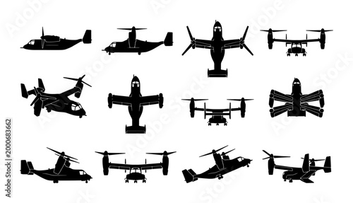 Foto Military tiltrotor aircraft silhouettes, set of 12 v-22 osprey style transport p