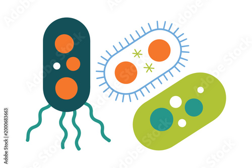 Stylized bacteria illustrations featuring microscopic organisms, internal anatomy, and flagella for movement in medical science vector style