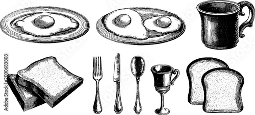 Vintage engraved breakfast clipart sheet with fried eggs toast and cup for retro kitchen design and food packaging