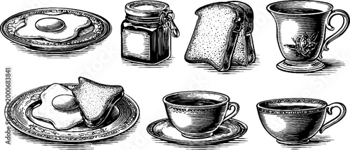 Retro engraved breakfast clipart collection with fried eggs jam jar sliced bread and cups for vintage menu and label design