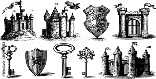 Vintage engraved castle gates shields and antique keys set with towers and heraldic shields for historical design and pattern use