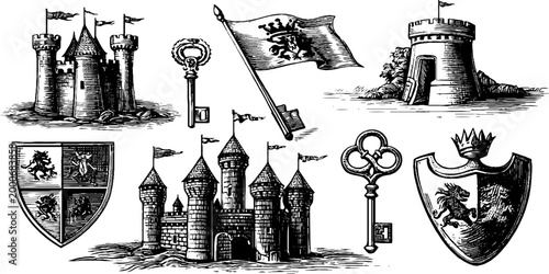 Vintage engraved medieval castle turrets crest flag and key icons set for historical background and heraldry design
