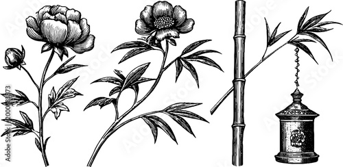 Vintage engraved chinese peony and bamboo composition with lantern for botanical design and elegant background use in print and decor